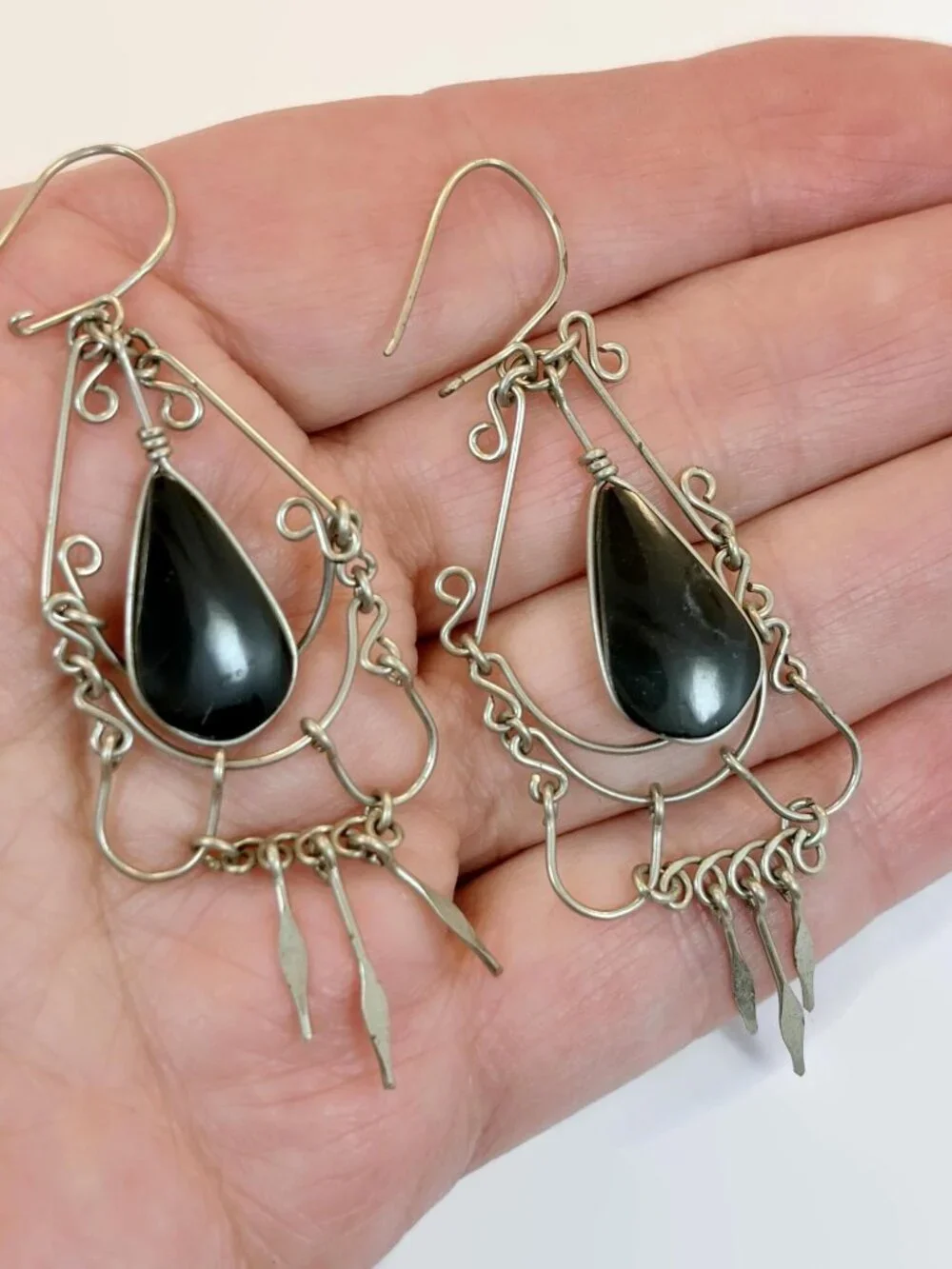 Peruvian Earrings, Vintage: Ethnic, Black, Silver, Boho, Long Dangles, Hippie